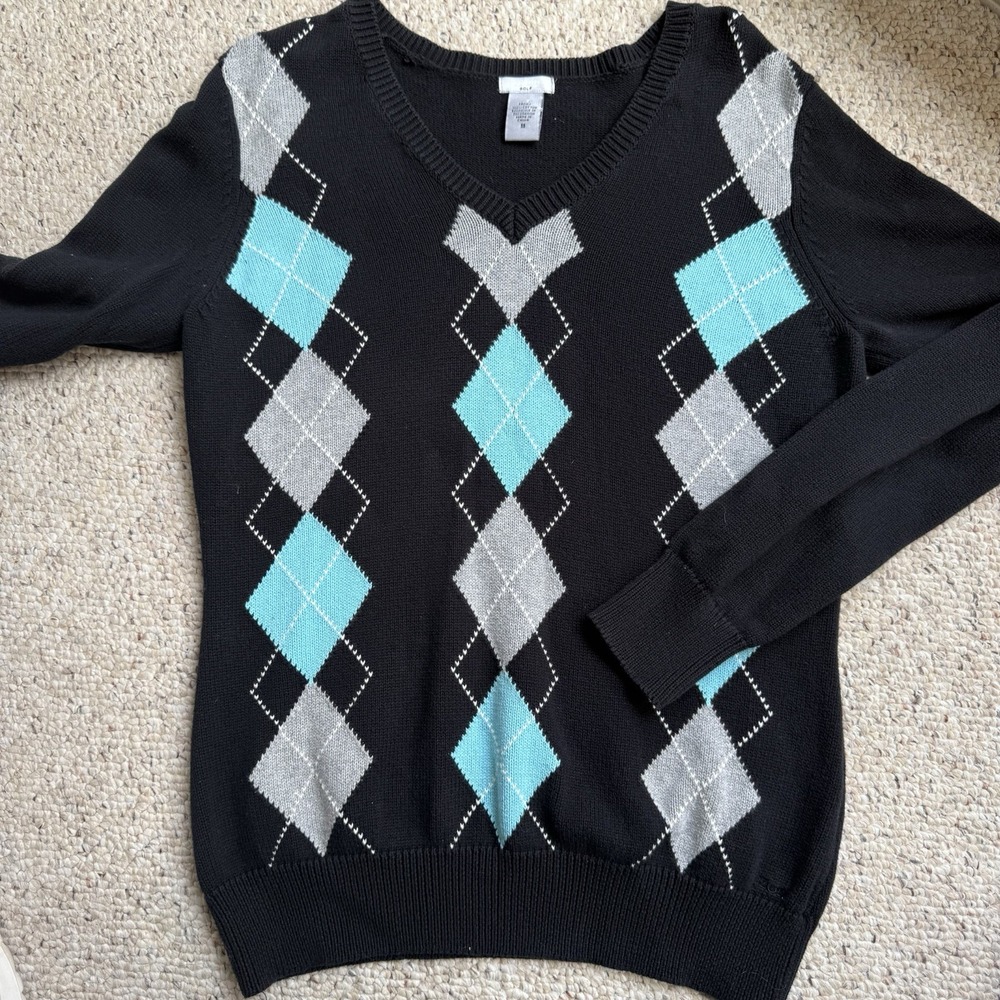 Vintage IZOD Golf Argyle V-Neck Sweater Size M Preppy Academia 90s Black Teal